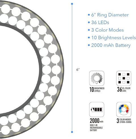 ديجباور مصباح مكتب حلقي LED DP-WSH-PH6 مع حامل للهواتف الذكية والتابلت بما في ذلك البطارية، ارتفاع قابل للتعديل، لمكالمات الفيديو في مكان العمل والمدرسة المنزلية، لون اسود وابيض in Kuwait