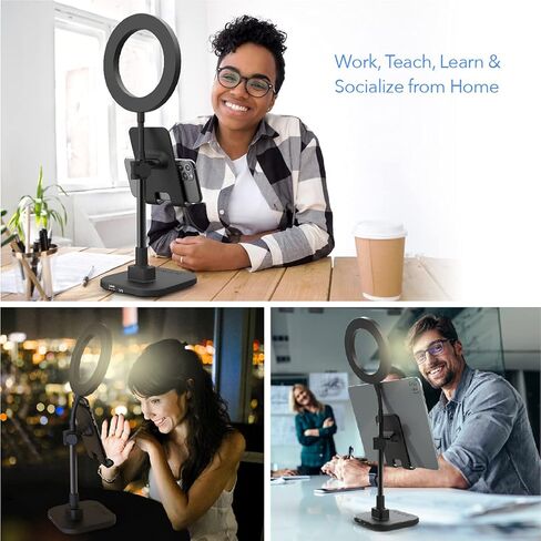 ديجباور مصباح مكتب حلقي LED DP-WSH-PH6 مع حامل للهواتف الذكية والتابلت بما في ذلك البطارية، ارتفاع قابل للتعديل، لمكالمات الفيديو في مكان العمل والمدرسة المنزلية، لون اسود وابيض in Kuwait
