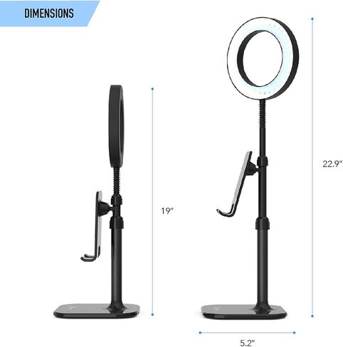 ديجباور مصباح مكتب حلقي LED DP-WSH-PH6 مع حامل للهواتف الذكية والتابلت بما في ذلك البطارية، ارتفاع قابل للتعديل، لمكالمات الفيديو في مكان العمل والمدرسة المنزلية، لون اسود وابيض in Kuwait