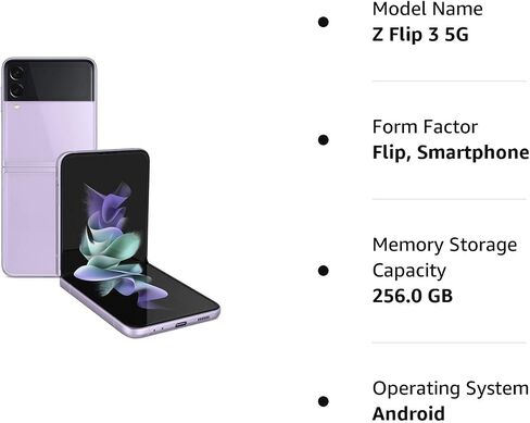 SAMSUNG Galaxy Z Flip 3 Flip3 5G Fully Unlocked Android Cell Phone US Version Smartphone Flex Mode, Intuitive Camera Compact - (Renewed) (256GB, Lavender) in Saudi Arabia