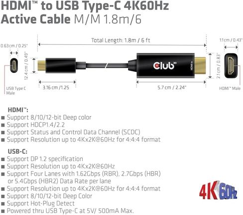 Club 3D CAC-1334 HDMI 2.0 إلى USB Type C 4K60 هرتز M/M كابل نشط 1.8 متر - 6 قدم in Kuwait