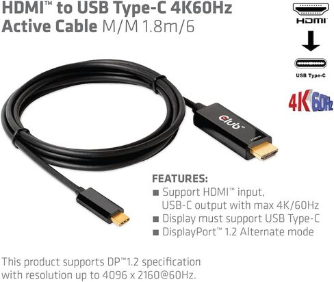 Club 3D CAC-1334 HDMI 2.0 إلى USB Type C 4K60 هرتز M/M كابل نشط 1.8 متر - 6 قدم in Kuwait