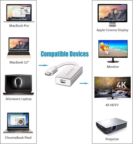 USB-C to Mini DisplayPort Adapter, USB 3.1 Type C (Thunderbolt 3) to Mini DP Adapter 4K Compatible with Lenovo T470, MacBook Pro to LED Cinema Display/Dell Monitor, etc - Silver in Kuwait