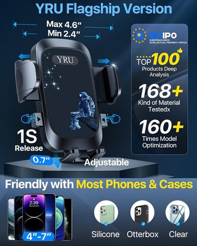 YRU True Military-Grade [360° Rotation Suction] 2026 Ultimate Car Phone Holder Mount【90+LBS Safest Strongest & Patent Certs】 Dash Windshield for iPhone 17 16 Pro Max Speakerphones, Gloss Black in Kuwait