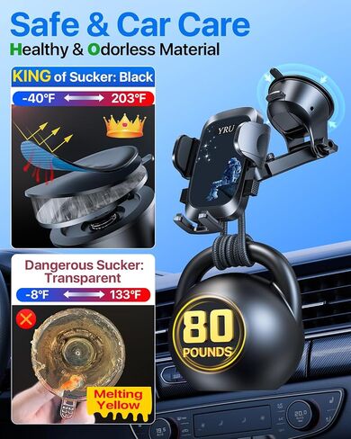 YRU True Military-Grade [360° Rotation Suction] 2026 Ultimate Car Phone Holder Mount【90+LBS Safest Strongest & Patent Certs】 Dash Windshield for iPhone 17 16 Pro Max Speakerphones, Gloss Black in Kuwait
