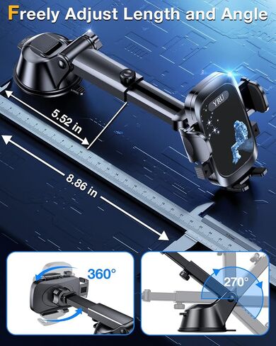 YRU True Military-Grade [360° Rotation Suction] 2026 Ultimate Car Phone Holder Mount【90+LBS Safest Strongest & Patent Certs】 Dash Windshield for iPhone 17 16 Pro Max Speakerphones, Gloss Black in Kuwait