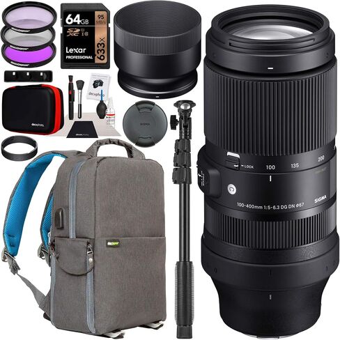Sigma 100-400mm F5-6.3 DG DN OS Contemporary Lens 750965 for Sony E-Mount Full Frame Mirrorless Cameras Bundle w/Deco Gear Photography Backpack Case + Filter Kit + 64GB Card + Monopod + Accessories in Saudi Arabia