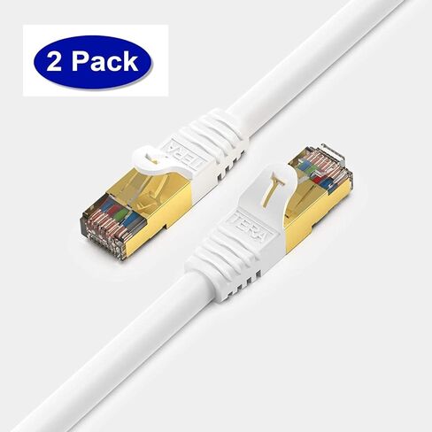 Tera Grand - Premium CAT7 Double Shielded 10 Gigabit 600MHz Ethernet Patch Cable for Modem Router LAN Network, Gold Plated Shielded RJ45 Connectors, 7 ft White, 2-Pack in Kuwait