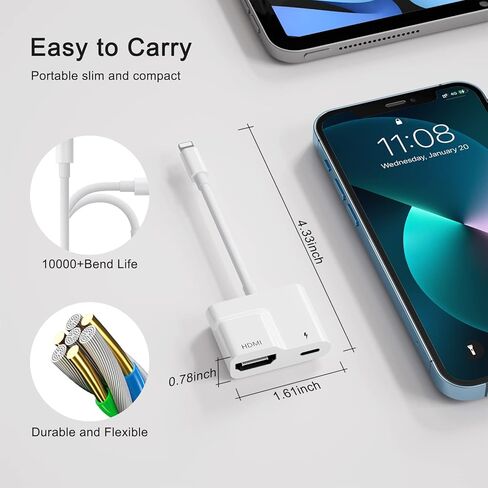 LXJADAP Lightning to HDMI Digital AV Adapter,iPhone/iPad to HDMI Adapter,Support 1080P Video&Audio Mirroring(No Need Power),Support Newest iOS 16 in Kuwait