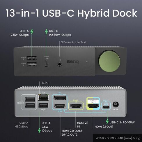 BenQ beCreatus 13-in-1 USB C Hybrid Dock | Gaming Dock HDMI 2.1 | Dual Source Switch | 4K60Hz on 3 monitors (Up to 8K60/4K120Hz) | HDR | Dolby | 100W Charging | Windows/Mac/PS5/Xbox/Steam Deck(DP1310) in Kuwait
