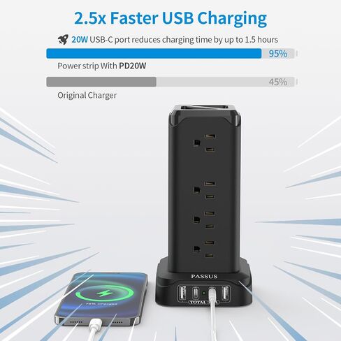 Power Strips with Surge Protection, PASSUS 6FT Flat Extension Cord with Multiple Outlets, 16AC Outlets Tower with 4 USB Ports(2 USB C) Charging Station Tower for Home Office Dorm in Kuwait