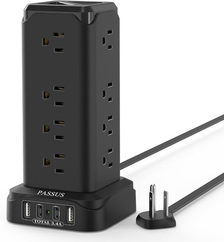 Power Strips with Surge Protection, PASSUS 6FT Flat Extension Cord with Multiple Outlets, 16AC Outlets Tower with 4 USB Ports(2 USB C) Charging Station Tower for Home Office Dorm in Kuwait