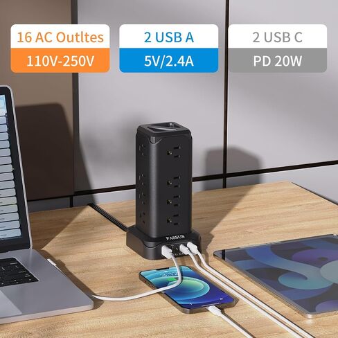 Power Strips with Surge Protection, PASSUS 6FT Flat Extension Cord with Multiple Outlets, 16AC Outlets Tower with 4 USB Ports(2 USB C) Charging Station Tower for Home Office Dorm in Kuwait