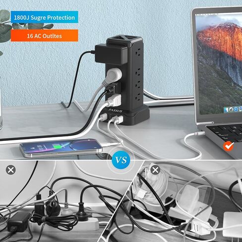 Power Strips with Surge Protection, PASSUS 6FT Flat Extension Cord with Multiple Outlets, 16AC Outlets Tower with 4 USB Ports(2 USB C) Charging Station Tower for Home Office Dorm in Kuwait
