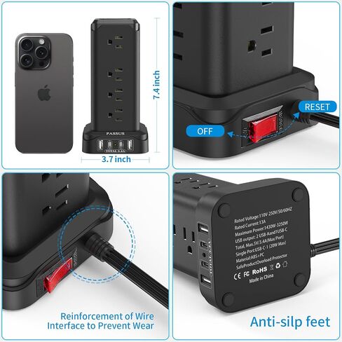 Power Strips with Surge Protection, PASSUS 6FT Flat Extension Cord with Multiple Outlets, 16AC Outlets Tower with 4 USB Ports(2 USB C) Charging Station Tower for Home Office Dorm in Kuwait