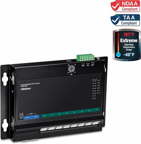 TRENDnet 10-Port Industrial Gigabit PoE+ مفتاح وصول أمامي مثبت على الحائط، TI-PG102F، 8x Gigabit PoE+ Ports، 2 x Gigabit SFP Slots، 240W PoE Budget، DIN-Rail وأقواس التثبيت على الحائط، تصنيف IP30 in Saudi Arabia