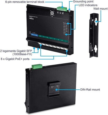 TRENDnet 10-Port Industrial Gigabit PoE+ مفتاح وصول أمامي مثبت على الحائط، TI-PG102F، 8x Gigabit PoE+ Ports، 2 x Gigabit SFP Slots، 240W PoE Budget، DIN-Rail وأقواس التثبيت على الحائط، تصنيف IP30 in Saudi Arabia