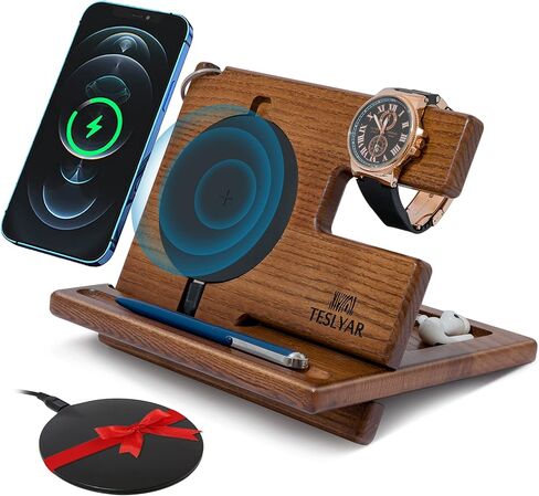 TESLYAR Gifts for Men Wood Phone Docking Station Gifts for him Stand Organizer Men Husband Wireless Charging Pad Slim Birthday Nightstand Purse Tablet Compatible with All Qi Devices in Kuwait