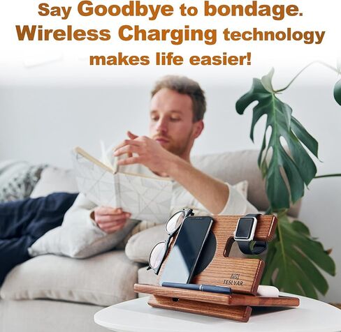 TESLYAR Gifts for Men Wood Phone Docking Station Gifts for him Stand Organizer Men Husband Wireless Charging Pad Slim Birthday Nightstand Purse Tablet Compatible with All Qi Devices in Kuwait