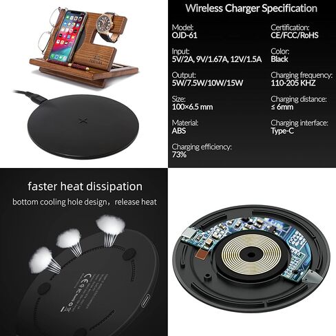 TESLYAR Gifts for Men Wood Phone Docking Station Gifts for him Stand Organizer Men Husband Wireless Charging Pad Slim Birthday Nightstand Purse Tablet Compatible with All Qi Devices in Kuwait