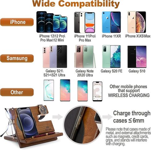 TESLYAR Gifts for Men Wood Phone Docking Station Gifts for him Stand Organizer Men Husband Wireless Charging Pad Slim Birthday Nightstand Purse Tablet Compatible with All Qi Devices in Kuwait