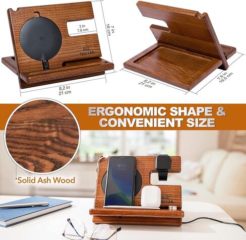 TESLYAR Gifts for Men Wood Phone Docking Station Gifts for him Stand Organizer Men Husband Wireless Charging Pad Slim Birthday Nightstand Purse Tablet Compatible with All Qi Devices in Kuwait