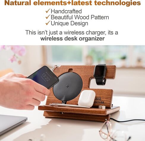 TESLYAR Gifts for Men Wood Phone Docking Station Gifts for him Stand Organizer Men Husband Wireless Charging Pad Slim Birthday Nightstand Purse Tablet Compatible with All Qi Devices in Kuwait