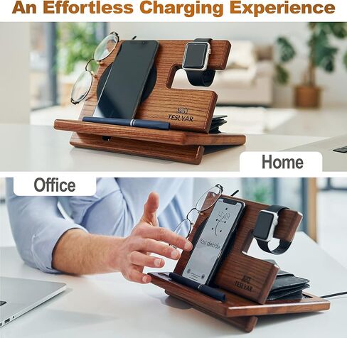 TESLYAR Gifts for Men Wood Phone Docking Station Gifts for him Stand Organizer Men Husband Wireless Charging Pad Slim Birthday Nightstand Purse Tablet Compatible with All Qi Devices in Kuwait
