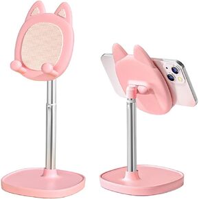 حامل هاتف Hearsky Cute Cat، حامل هاتف محمول برأس قطة للمكتب، زاوية وارتفاع قابل للتعديل متوافق مع جميع الهواتف الذكية، iPhone، Samsung، Tablet، iPad-Pink