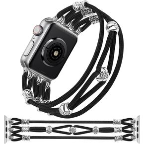 TOYOUTHS Beaded Bracelet Compatible with Apple Watch Band 41mm 40mm 38mm Women, Boho Braided Slim Elastic Western Stretchy Solo Loop Dressy Nylon Strap for iWatch Series 9/SE/8/7/6/5/4/3/2/1, M