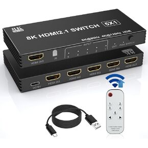 محول HDMI 4K 120 هرتز 8K HDMI 2.1 مقسم مع جهاز تحكم عن بعد - محور HDMI 5 في 1 لمدخلات متعددة، محول موسع منفذ HDMI متعدد المنافذ يدعم 8K@60 هرتز/4K@120 هرتز لجهاز PS5 Xbox DVD Player TV PC in Kuwait