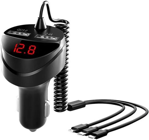5 in 1 Retractable Car Charger with Voltage Monitoring LED Display - 18W Car Phone Charger with Built-in Retractable Charging Cable Compatible with iPhone, Samsung & Android Phones in Saudi Arabia