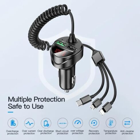 5 in 1 Retractable Car Charger with Voltage Monitoring LED Display - 18W Car Phone Charger with Built-in Retractable Charging Cable Compatible with iPhone, Samsung & Android Phones in Saudi Arabia