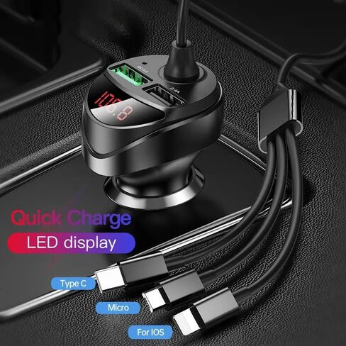 5 in 1 Retractable Car Charger with Voltage Monitoring LED Display - 18W Car Phone Charger with Built-in Retractable Charging Cable Compatible with iPhone, Samsung & Android Phones in Saudi Arabia