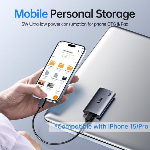 SSK SSD محمول 2 تيرابايت، محركات أقراص صلبة خارجية تصل إلى 2000 ميجابايت/ثانية، محرك أقراص ثابتة خارجي USB 3.2 Gen2X2 NVMe SSD، استهلاك منخفض للغاية للطاقة لهاتف iPhone 15/ MacBook/Pro/OTG Phone/أجهزة الكمبيوتر المحمولة in Kuwait