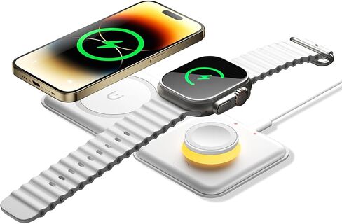 ESSAGER 2 in 1 Foldable Wireless Charger for iPhone 15/14/13/12/11 Series, Magnetic Wireless Charging Station, Travel Wireless Fast Charging Pad for Airpods 3/2/Pro, iWatch (2 in 1, White) in Kuwait