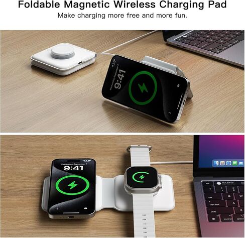 ESSAGER 2 in 1 Foldable Wireless Charger for iPhone 15/14/13/12/11 Series, Magnetic Wireless Charging Station, Travel Wireless Fast Charging Pad for Airpods 3/2/Pro, iWatch (2 in 1, White) in Kuwait