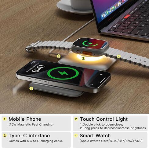 ESSAGER 2 in 1 Foldable Wireless Charger for iPhone 15/14/13/12/11 Series, Magnetic Wireless Charging Station, Travel Wireless Fast Charging Pad for Airpods 3/2/Pro, iWatch (2 in 1, White) in Kuwait