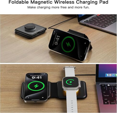 ESSAGER 2 in 1 Foldable Wireless Charger for iPhone 15/14/13/12/11 Series, Magnetic Wireless Charging Station, Travel Wireless Fast Charging Pad for Airpods 3/2/Pro, iWatch (2 in 1, White) in Kuwait