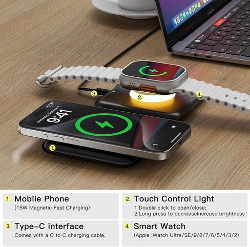 ESSAGER 2 in 1 Foldable Wireless Charger for iPhone 15/14/13/12/11 Series, Magnetic Wireless Charging Station, Travel Wireless Fast Charging Pad for Airpods 3/2/Pro, iWatch (2 in 1, White) in Kuwait
