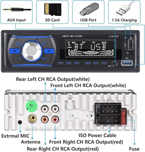 راديو سيارة ستيريو للسيارة من ال اكس كيه ال اس زد، راديو بلوتوث سينغل دين LCD مع تحكم عن طريق التطبيق، مشغل MP3 يدعم المكالمات بدون استخدام اليدين، راديو ايه ام/اف ام، مدخل AUX TF/EQ/USB شحن سريع in Kuwait