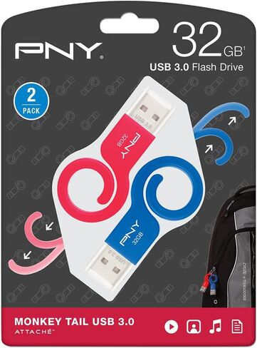 محرك فلاش USB 3.0 من PNY Monkey Tail سعة 32 جيجابايت 2 كيلو جرام، أزرق وأحمر (ف-FDU32GX2TBMNK-GE) in Kuwait