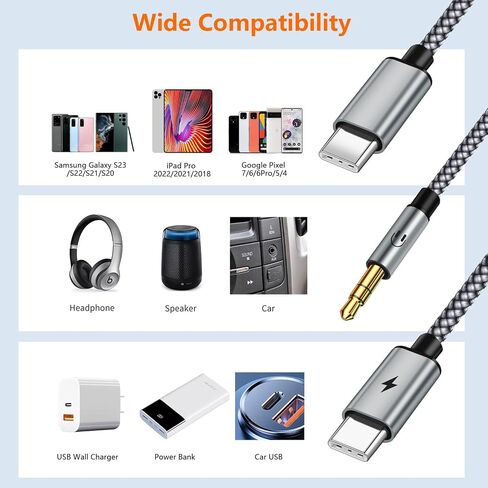 كابل USB C إلى 3.5 مم Aux مع شاحن، 2 في 1 USB من النوع C إلى 3.5 مم كابل مقبس Aux ستيريو للسيارة مع سلك شحن USB C PD 18 وات متوافق مع iPhone 15/15Pro وGalaxy S23 Ultra/S22/S21 وPixel 7/7Pro /6/5 in Kuwait