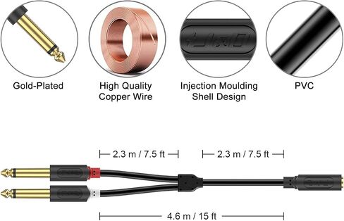 J&D 3.5mm to Dual 1/4 TS Stereo Breakout Cable, Gold Plated Audiowave Series 3.5mm 1/8 inch TRS Female to 2X 6.35mm 1/4 inch TS Male Mono Audio Cable Splitter for Spekers, Amplifiers, Mixs, 3 Feet in Kuwait