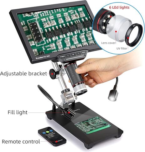 مجهر رقمي، مجهر 10.1 مع حامل عرض قابل للتعديل، كاميرا مجهر عملة USB Koolertron1600X مع مرآة عالية الدقة وفلتر للأشعة فوق البنفسجية، ماوس وجهاز تحكم عن بعد، يدعم التحكم في التطبيق لعملات الأطفال البالغين in Kuwait
