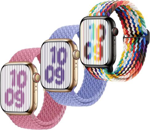 حزام مضفر قابل للتمدد متوافق مع سلسلة ساعات Apple للأطفال 9 8 7 6 5 4 3 SE SE2 38 مم 40 مم 41 مم، أحزمة بديلة مطاطية iWatch الرياضية للمعصم الصغير للفتيات - وردي + لافندر + قوس قزح. in Kuwait