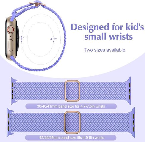حزام مضفر قابل للتمدد متوافق مع سلسلة ساعات Apple للأطفال 9 8 7 6 5 4 3 SE SE2 38 مم 40 مم 41 مم، أحزمة بديلة مطاطية iWatch الرياضية للمعصم الصغير للفتيات - وردي + لافندر + قوس قزح. in Kuwait