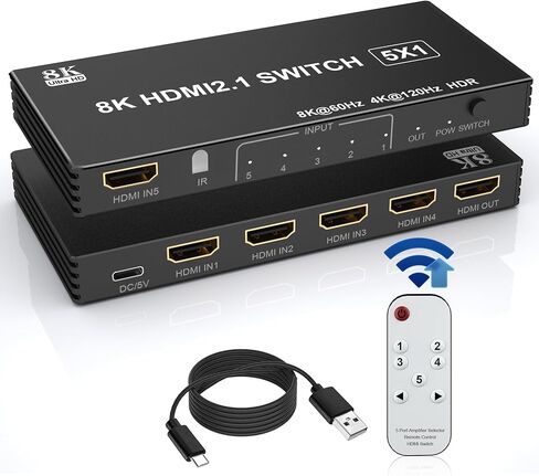 محول HDMI 4K 120 هرتز 8K HDMI 2.1 مقسم مع جهاز تحكم عن بعد - محور HDMI 5 في 1 لمدخلات متعددة، محول موسع منفذ HDMI متعدد المنافذ يدعم 8K@60 هرتز/4K@120 هرتز لجهاز PS5 Xbox DVD Player TV PC in Kuwait