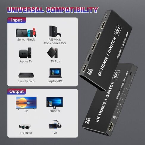 محول HDMI 4K 120 هرتز 8K HDMI 2.1 مقسم مع جهاز تحكم عن بعد - محور HDMI 5 في 1 لمدخلات متعددة، محول موسع منفذ HDMI متعدد المنافذ يدعم 8K@60 هرتز/4K@120 هرتز لجهاز PS5 Xbox DVD Player TV PC in Kuwait