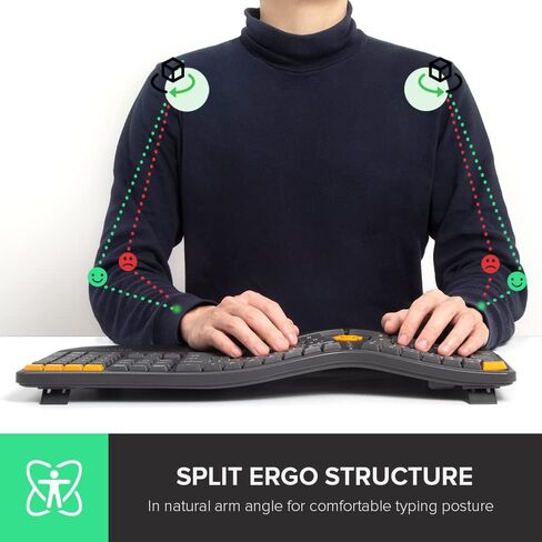 لوحة مفاتيح DeLUX اللاسلكية المريحة - لوحة مفاتيح Ergo Split مع مسند راحة اليد للكتابة الطبيعية، 2.4G وبلوتوث، حجم كامل، تصميم أمريكي - متوافق مع نظام التشغيل Windows وMac (GM905، Graphite) in Kuwait